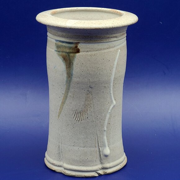 Signed Studio Pottery 5.75" Tall Vase 3.75" Diameter Tan with White Brown Blue - Picture 1 of 10